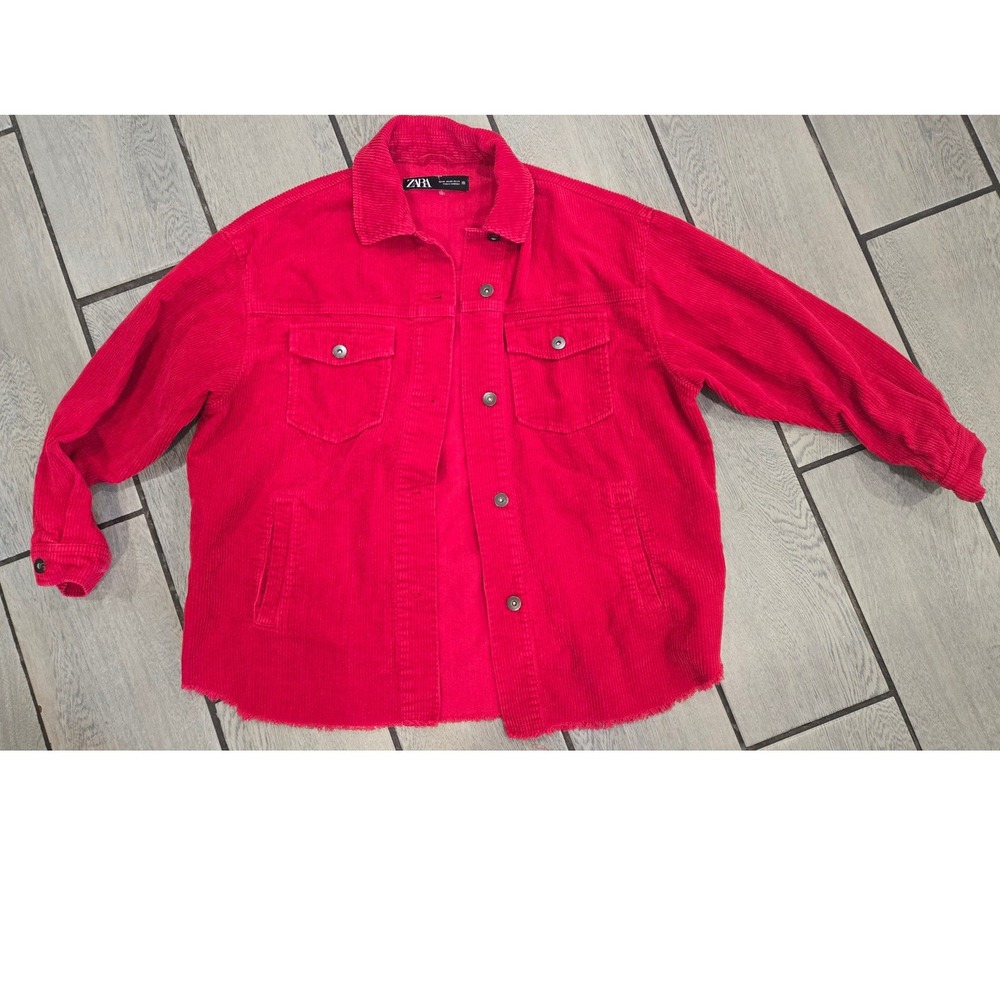 Zara Red Corduroy Oversized Shirt Jacket Frayed Hem XS